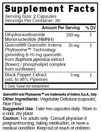 Nutri NMNH 250 mg Max Strength (Dihydronicotinamide Mononucleotide) – 60 Count - Supplement Facts label