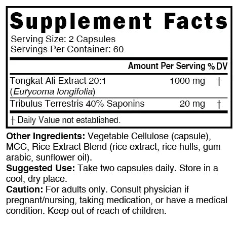 Nutri Tongkat Ali 1020 mg Extra Strength – 120 Count - Supplement Facts label
