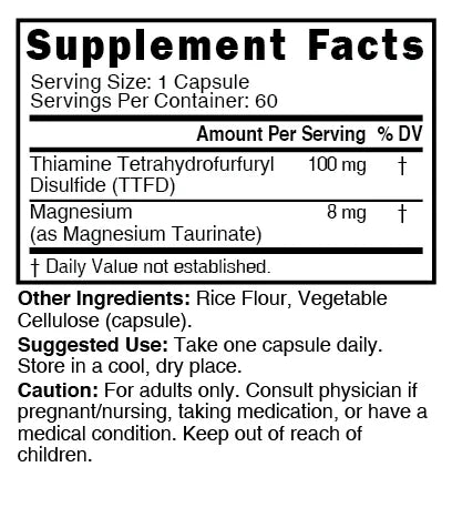 Nutri TTFD Thiamine B1 100 mg – 60 Count - Supplement Facts label