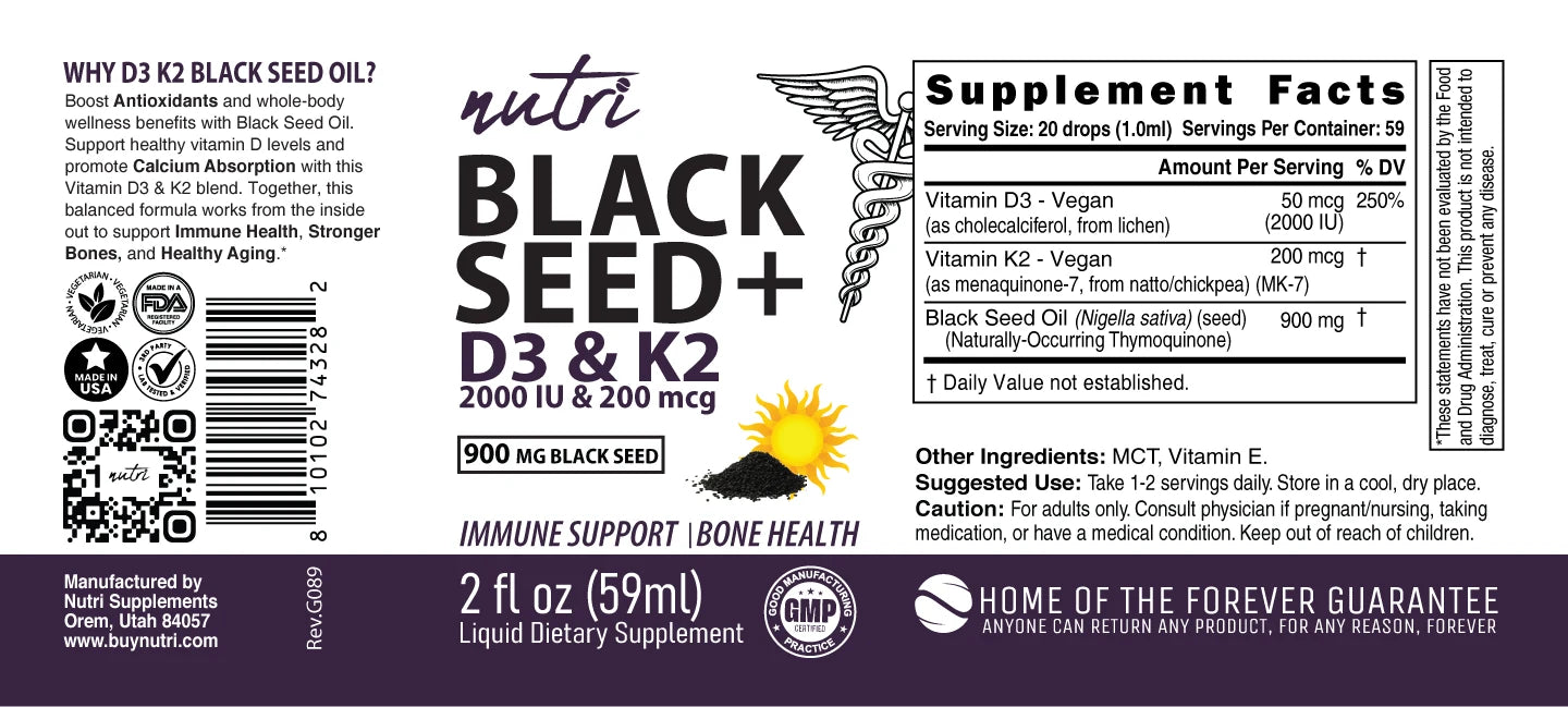 Nutri D3 & K2 Black Seed Oil 900 mg Tincture full label layflat