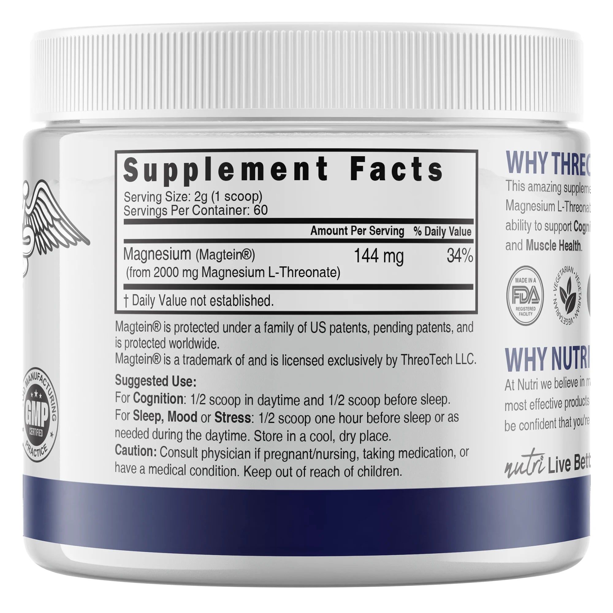 Nutri Magtein Magnesium L-Threonate 120 g back label