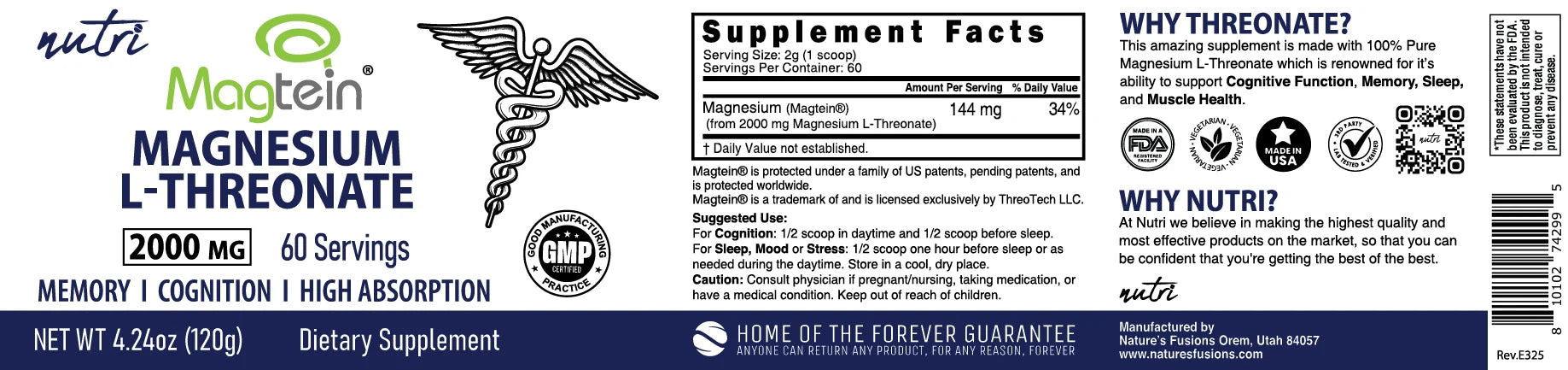 Nutri Magtein Magnesium L-Threonate 120 g full label layflat