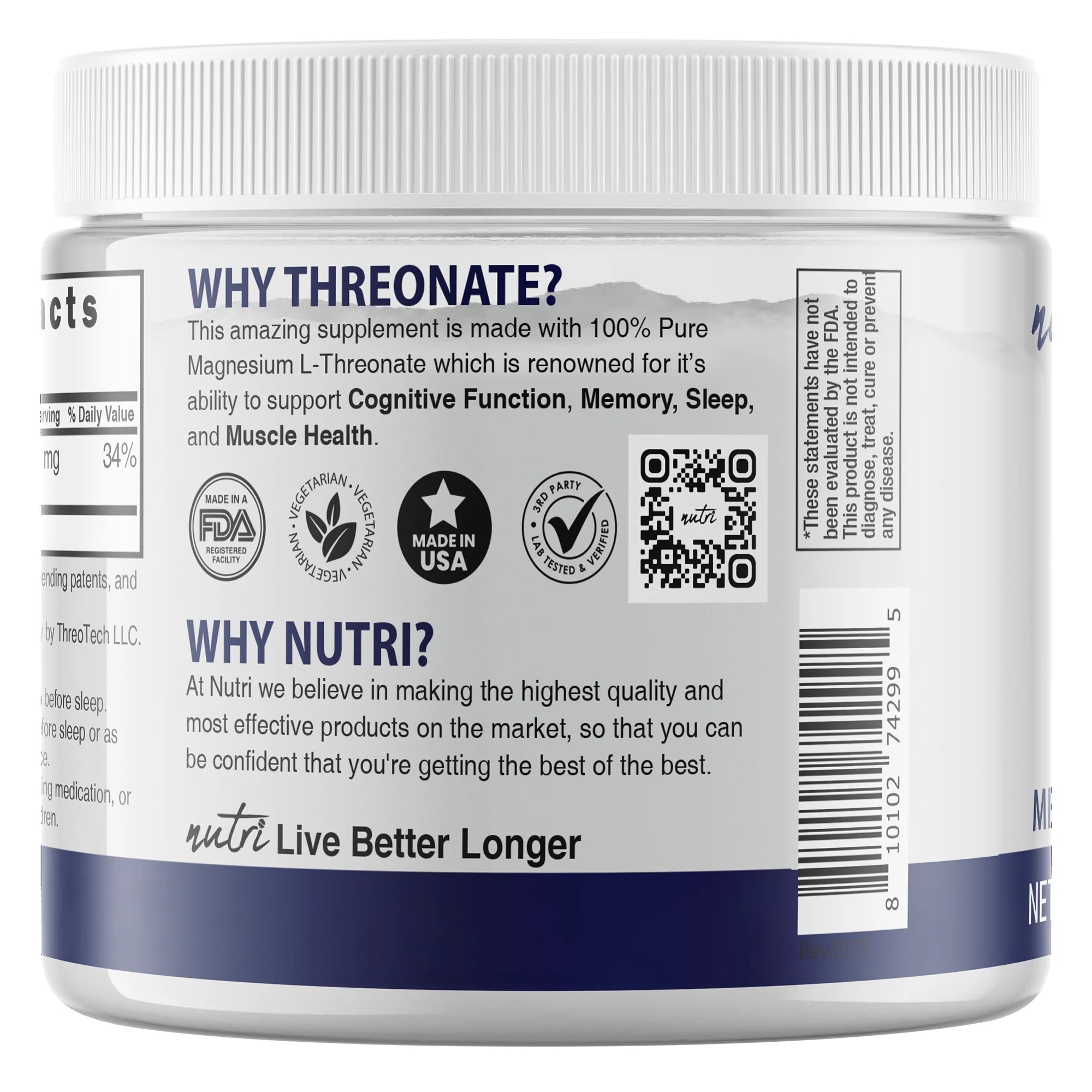 Nutri Magtein Magnesium L-Threonate 120 g tub side panel