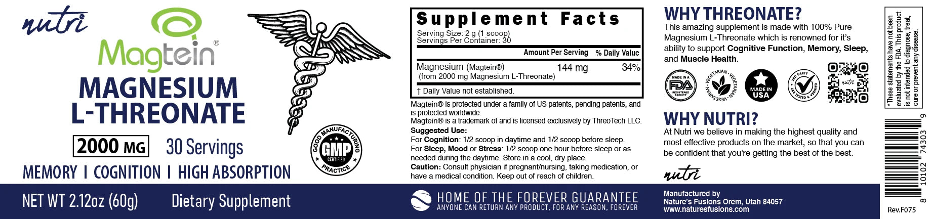 Nutri Magtein Magnesium L-Threonate 60 g full label layflat