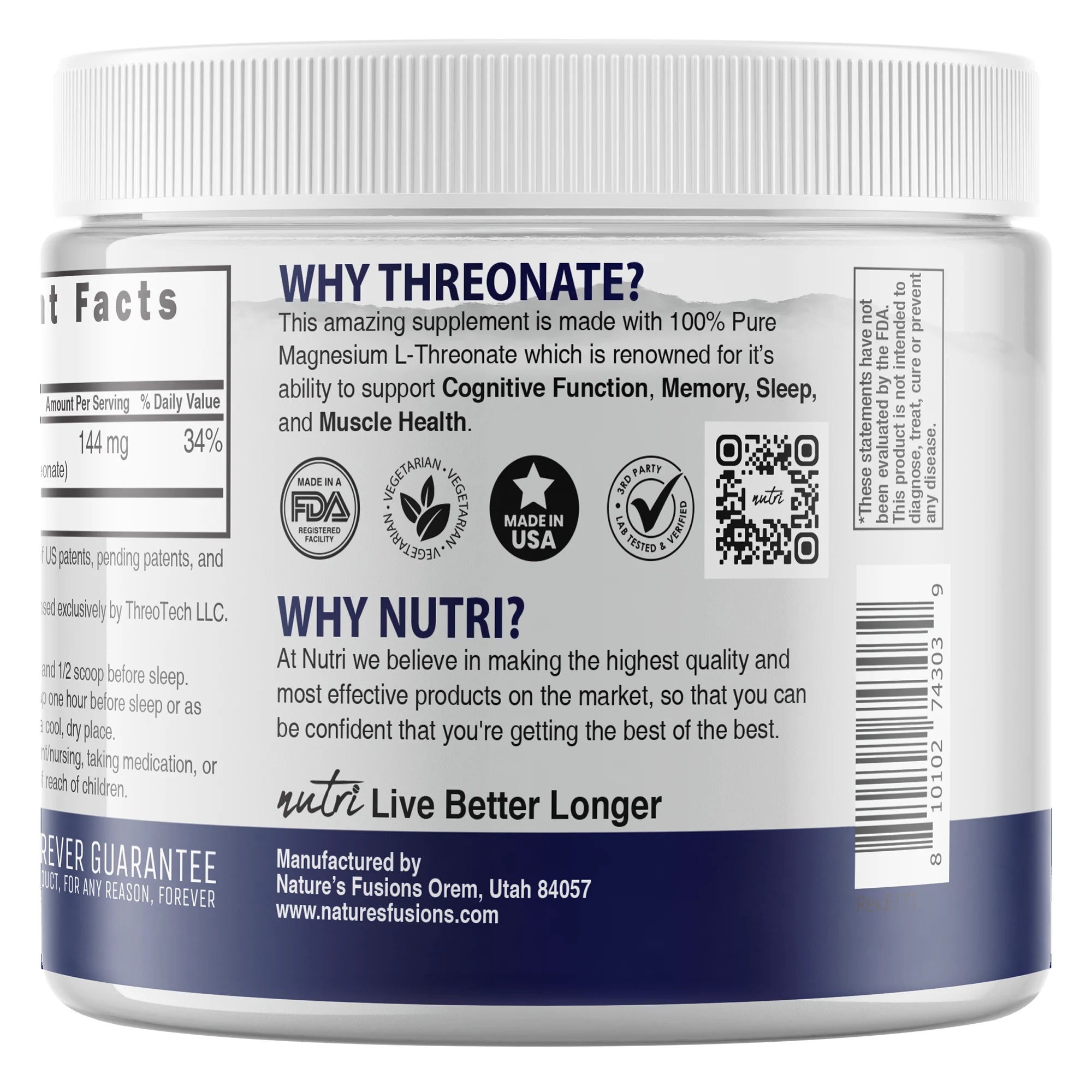 Nutri Magtein Magnesium L-Threonate 60 g tub side panel